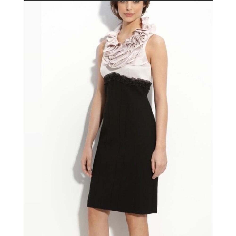 JS Collection Satin Ruffle Neck Cocktail Dress Beige Black 4